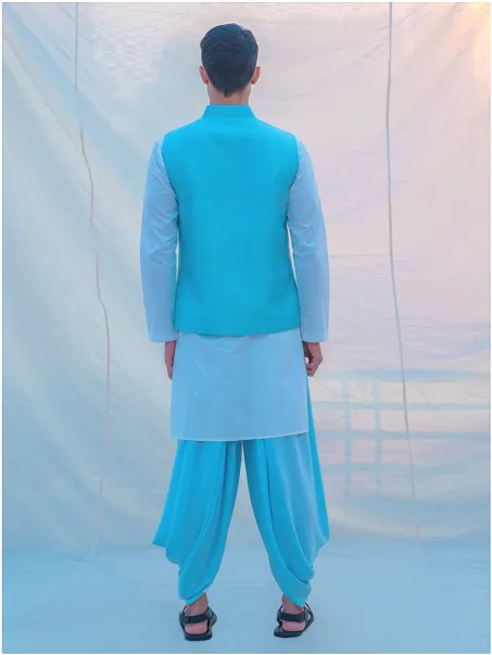 Aqua Blue Hand Embroidered Nehru Jacket with Dhoti & Kurta Set
