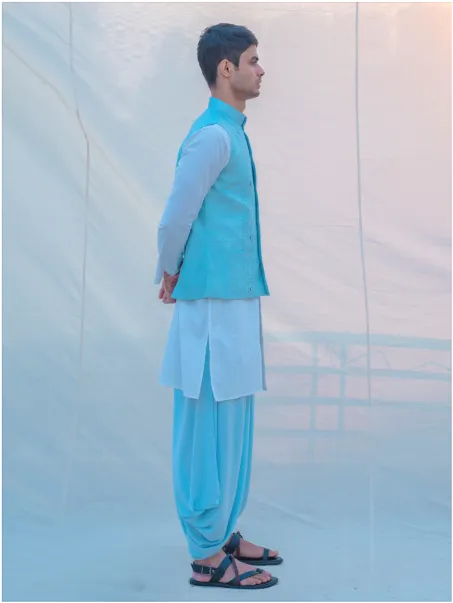 Aqua Blue Hand Embroidered Nehru Jacket with Dhoti & Kurta Set