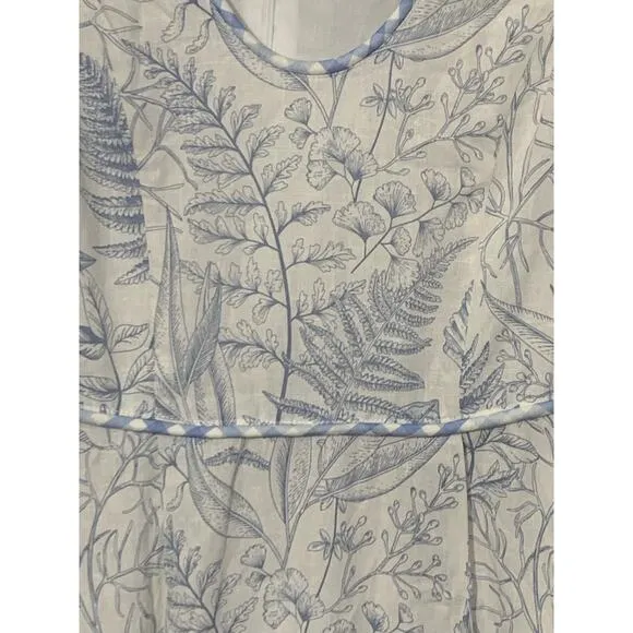 AURA sz XS Maxi Dress Linen Blend Puff Sleeve NWT Blue White Botanical Print