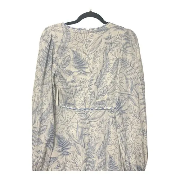 AURA sz XS Maxi Dress Linen Blend Puff Sleeve NWT Blue White Botanical Print