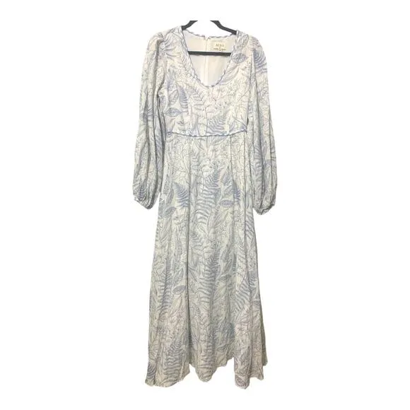 AURA sz XS Maxi Dress Linen Blend Puff Sleeve NWT Blue White Botanical Print
