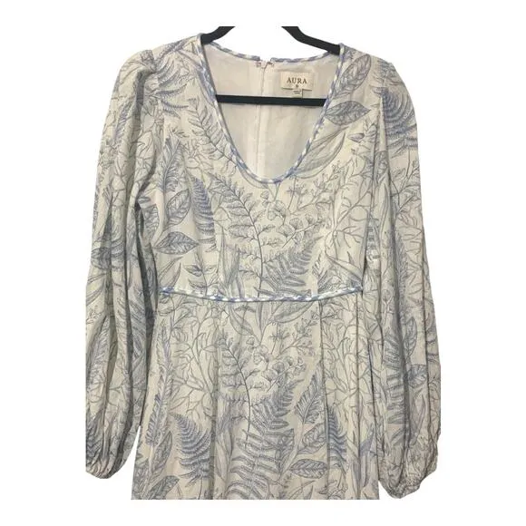 AURA sz XS Maxi Dress Linen Blend Puff Sleeve NWT Blue White Botanical Print