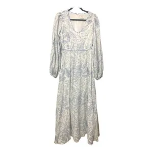 AURA sz XS Maxi Dress Linen Blend Puff Sleeve NWT Blue White Botanical Print