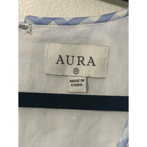 AURA sz XS Maxi Dress Linen Blend Puff Sleeve NWT Blue White Botanical Print