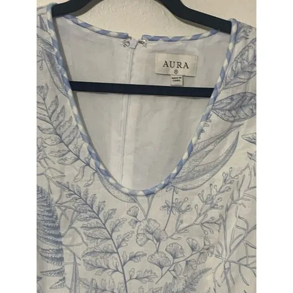 AURA sz XS Maxi Dress Linen Blend Puff Sleeve NWT Blue White Botanical Print