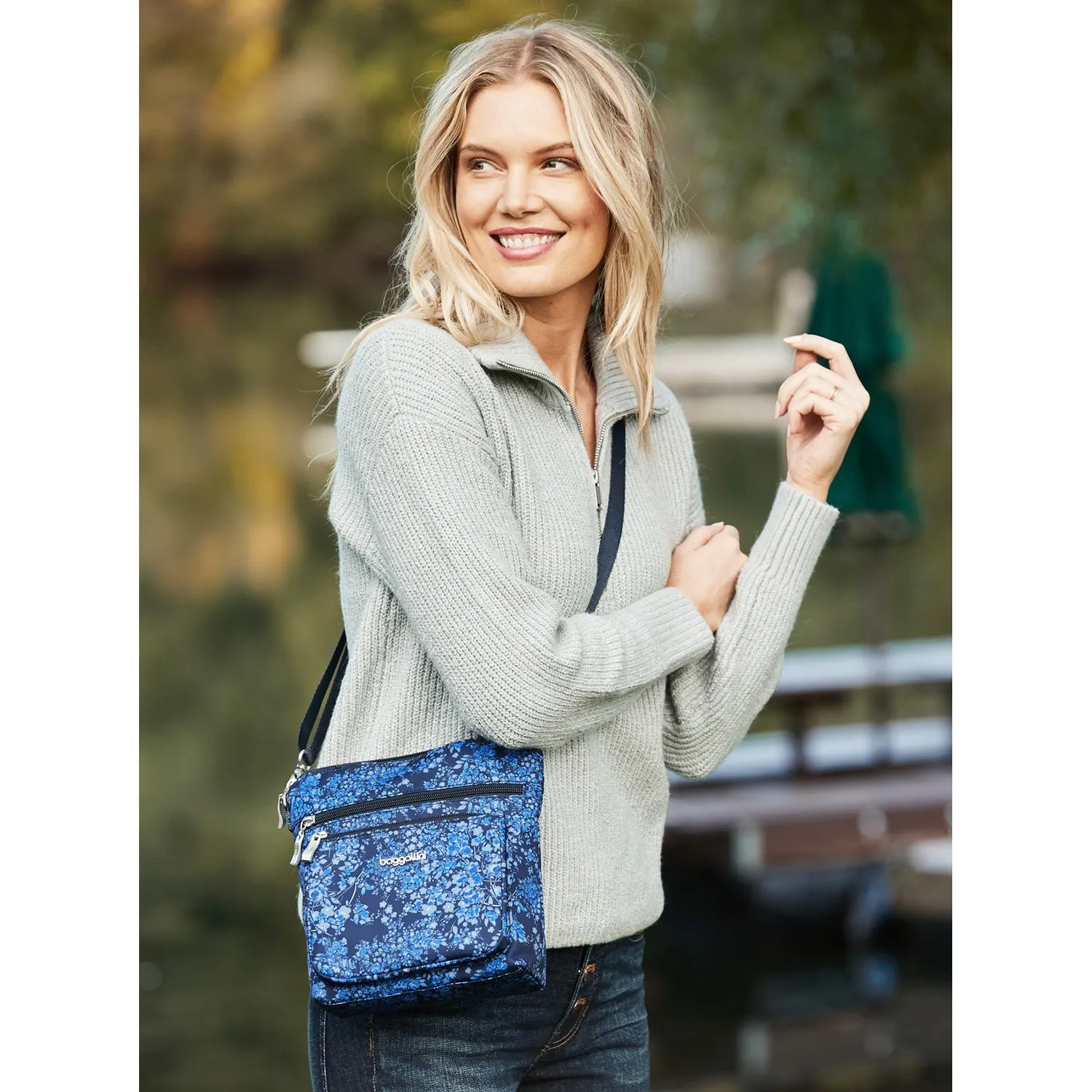 Baggallini Modern Pocket Crossbody Tan Python Nylon