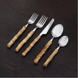 Bamboo Flatware Set of 5  (Silver & Natural)