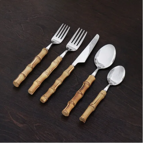 Bamboo Flatware Set of 5  (Silver & Natural)