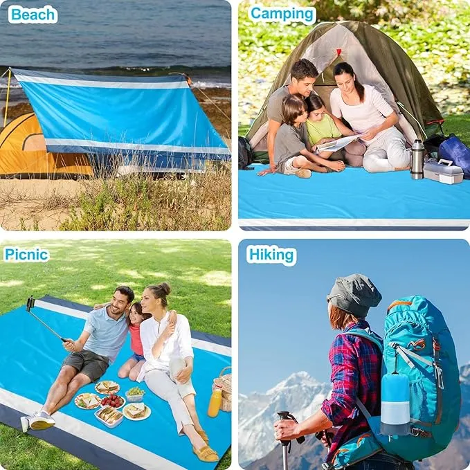 Beach Blanket Sandproof Waterproof, Large Beach Mat Lightweight Portable Quick Drying for Picnic Camping Hiking Travel Beach Accessories (1, BlueWhiteGrey, 83x79 Inches)