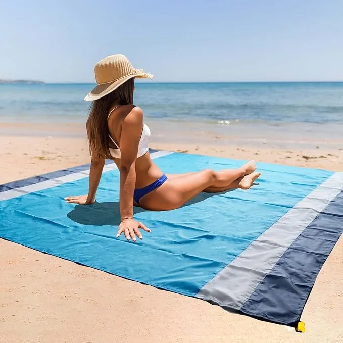 Beach Blanket Sandproof Waterproof, Large Beach Mat Lightweight Portable Quick Drying for Picnic Camping Hiking Travel Beach Accessories (1, BlueWhiteGrey, 83x79 Inches)