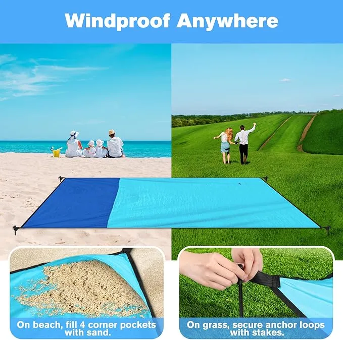 Beach Blanket Waterproof Sandproof Large Beach Mat 79" X 87", Quick Drying Durable Portable Lightweight Outdoor Nylon Picnic Blanket for Travel Camping Hiking, Blue