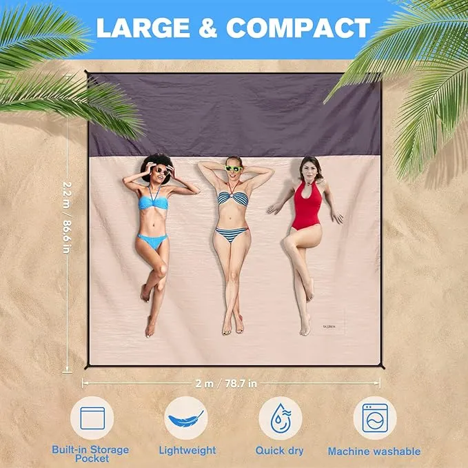 Beach Blanket Waterproof Sandproof Large Beach Mat 79" X 87", Quick Drying Durable Portable Lightweight Outdoor Nylon Picnic Blanket for Travel Camping Hiking, Champagne Gold
