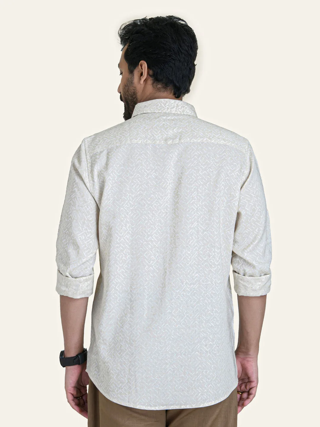 Beige Color Abstract Print Linen Cotton Shirt