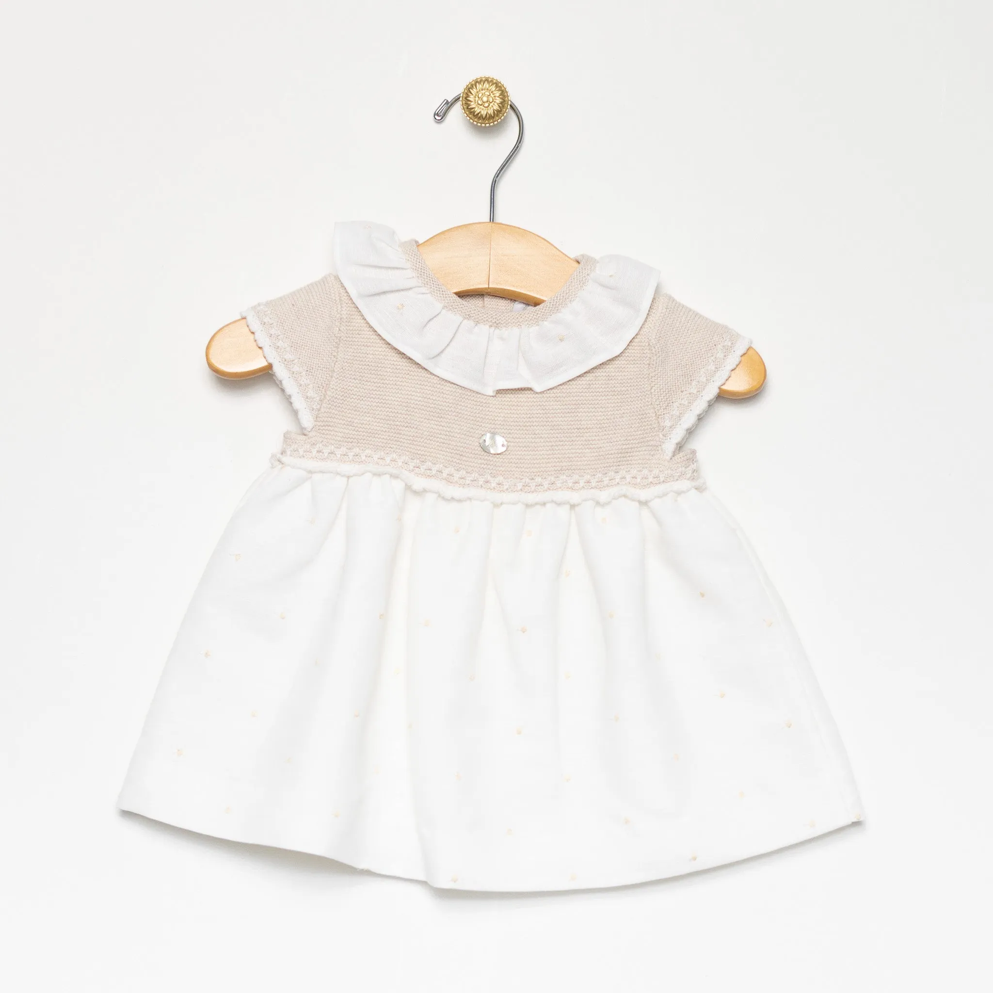 Beige Knitted White Dot Dress