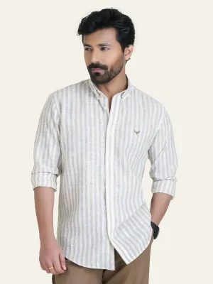 Beige Striped Slim Fit Linen Cotton Shirt