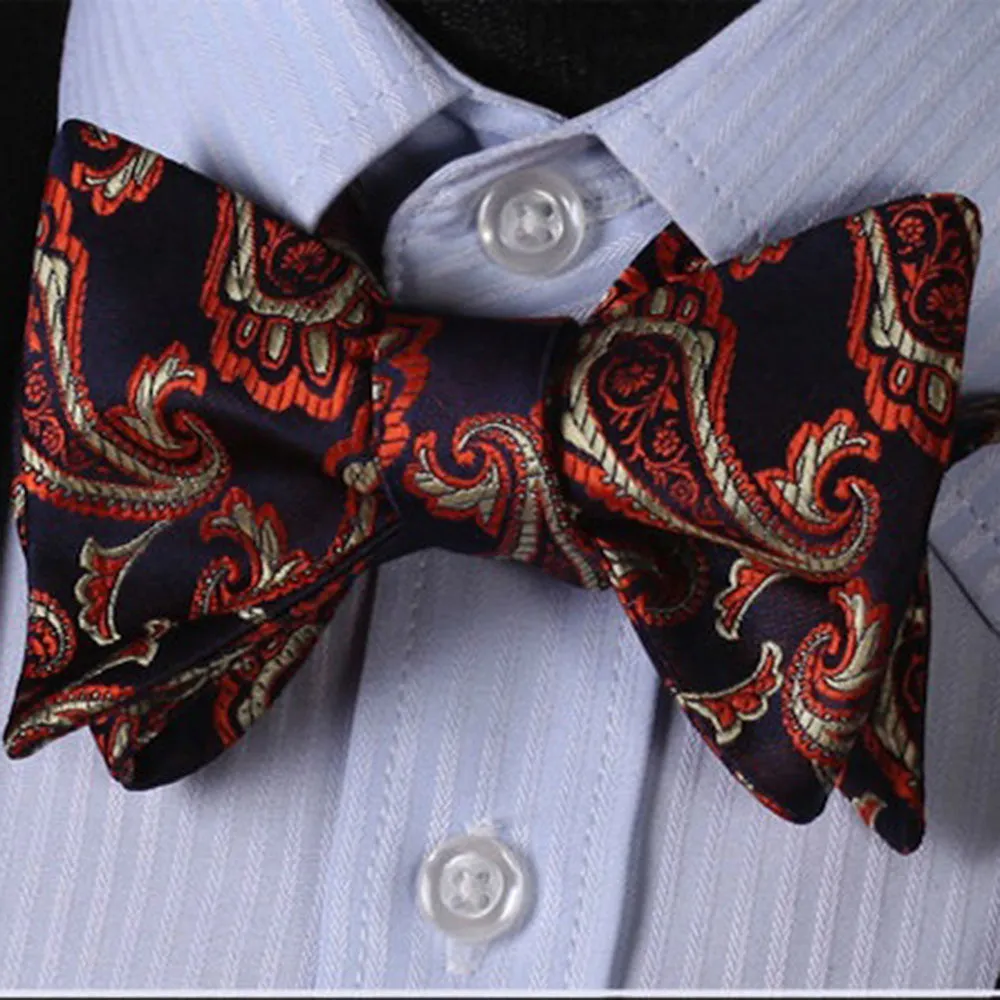 Black & Orange Paisley Mens Silk Self tie Bow Tie with Pocket Squares Set