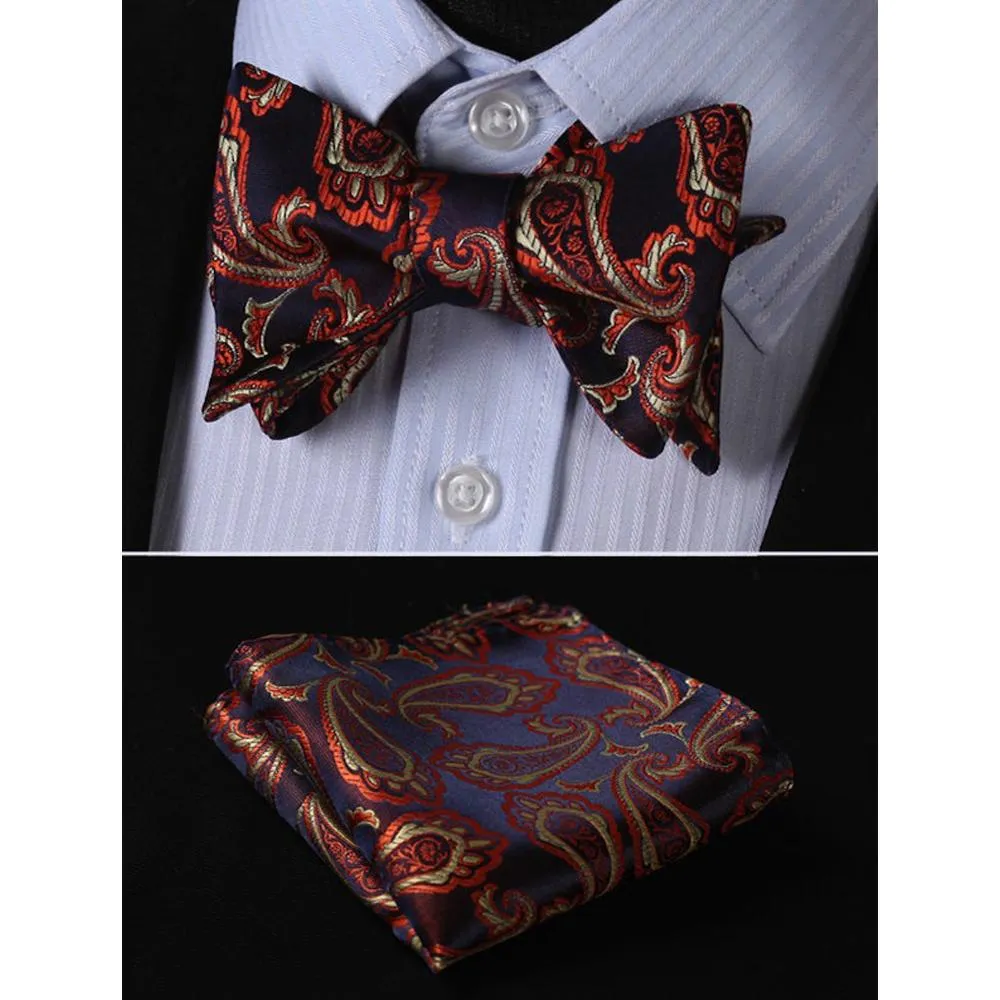 Black & Orange Paisley Mens Silk Self tie Bow Tie with Pocket Squares Set