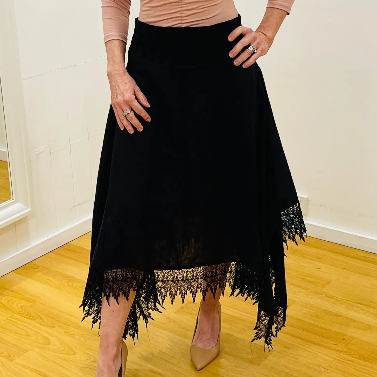 Black Linen Graceful Cascading Skirt