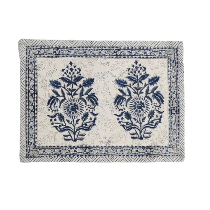 Block Printed Floral White and Blue Cotton Placemats