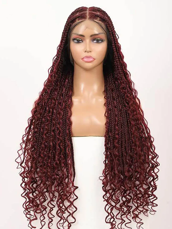 Boho Medium Knotless Box Braids With Curls Over Hip-Length 36" Full Hand Tied HD Lace Braided Wig