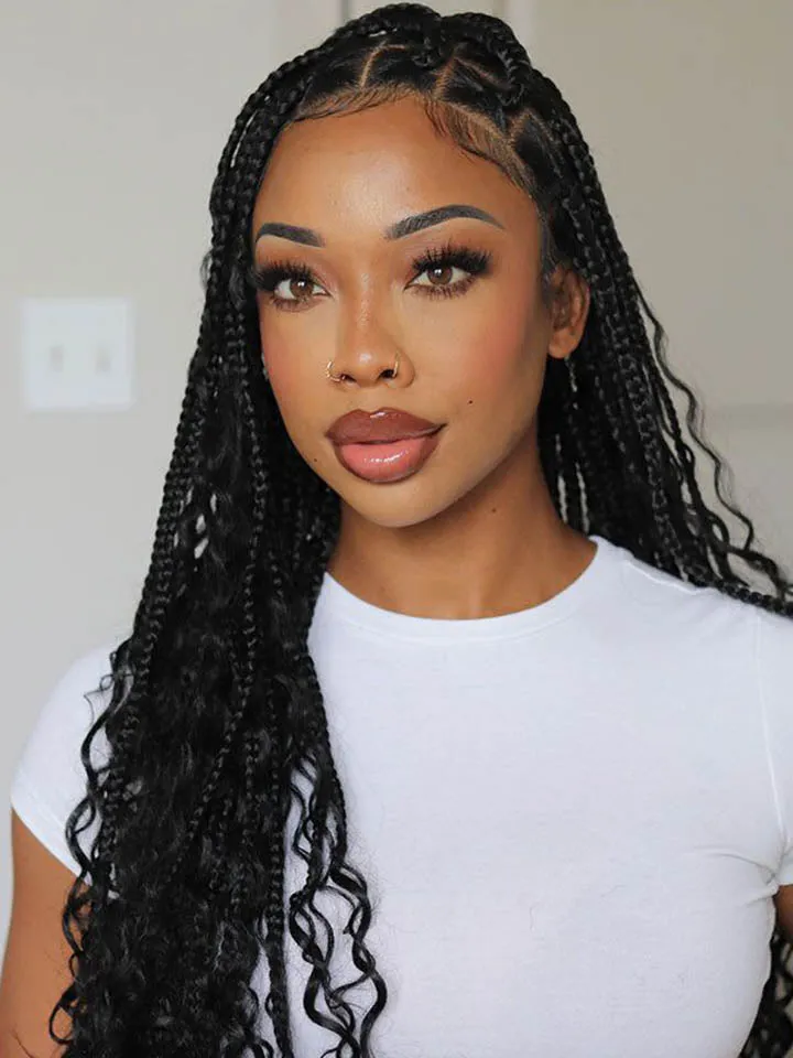 Boho Medium Knotless Box Braids With Curls Over Hip-Length 36" Full Hand Tied HD Lace Braided Wig