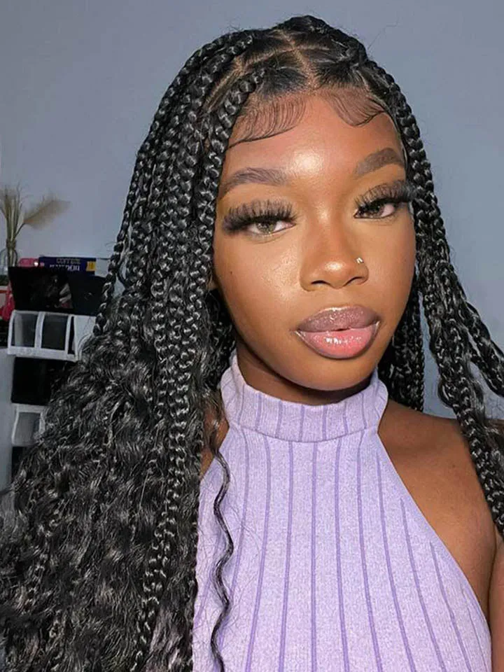 Boho Medium Knotless Box Braids With Curls Over Hip-Length 36" Full Hand Tied HD Lace Braided Wig