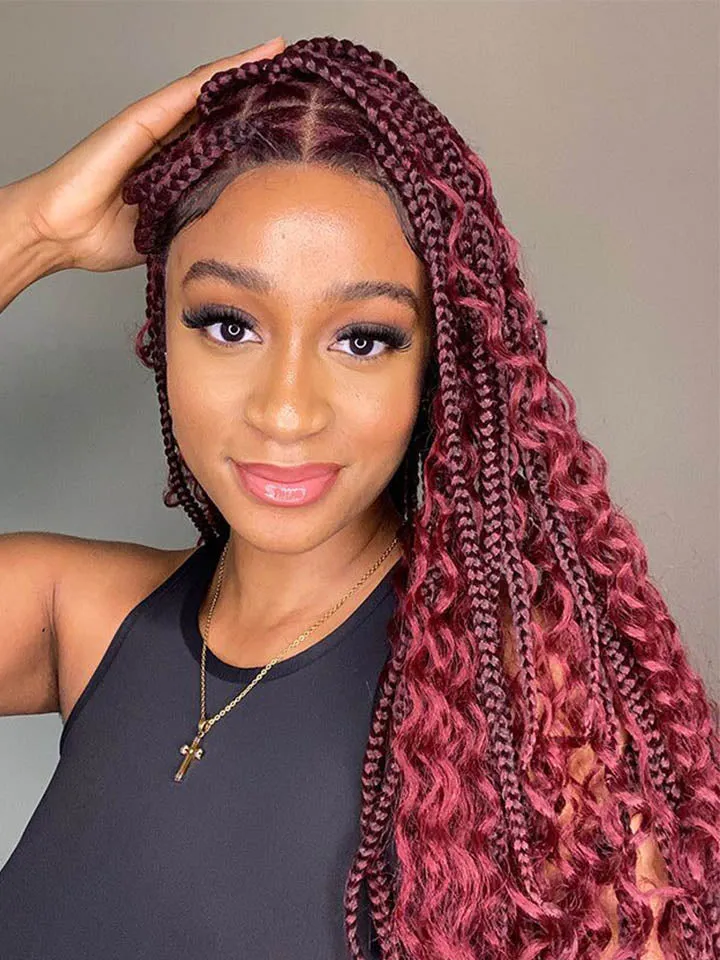 Boho Medium Knotless Box Braids With Curls Over Hip-Length 36" Full Hand Tied HD Lace Braided Wig