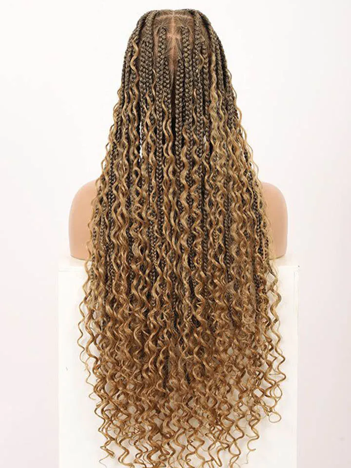Boho Medium Knotless Box Braids With Curls Over Hip-Length 36" Full Hand Tied HD Lace Braided Wig
