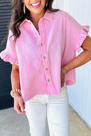 Bonbon Mineral Wash Cotton Textured Ruffle Trim Short Sleeve Shirt