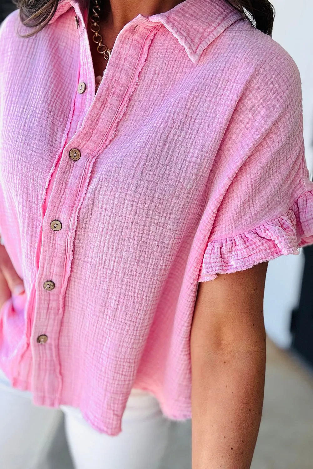 Bonbon Mineral Wash Cotton Textured Ruffle Trim Short Sleeve Shirt