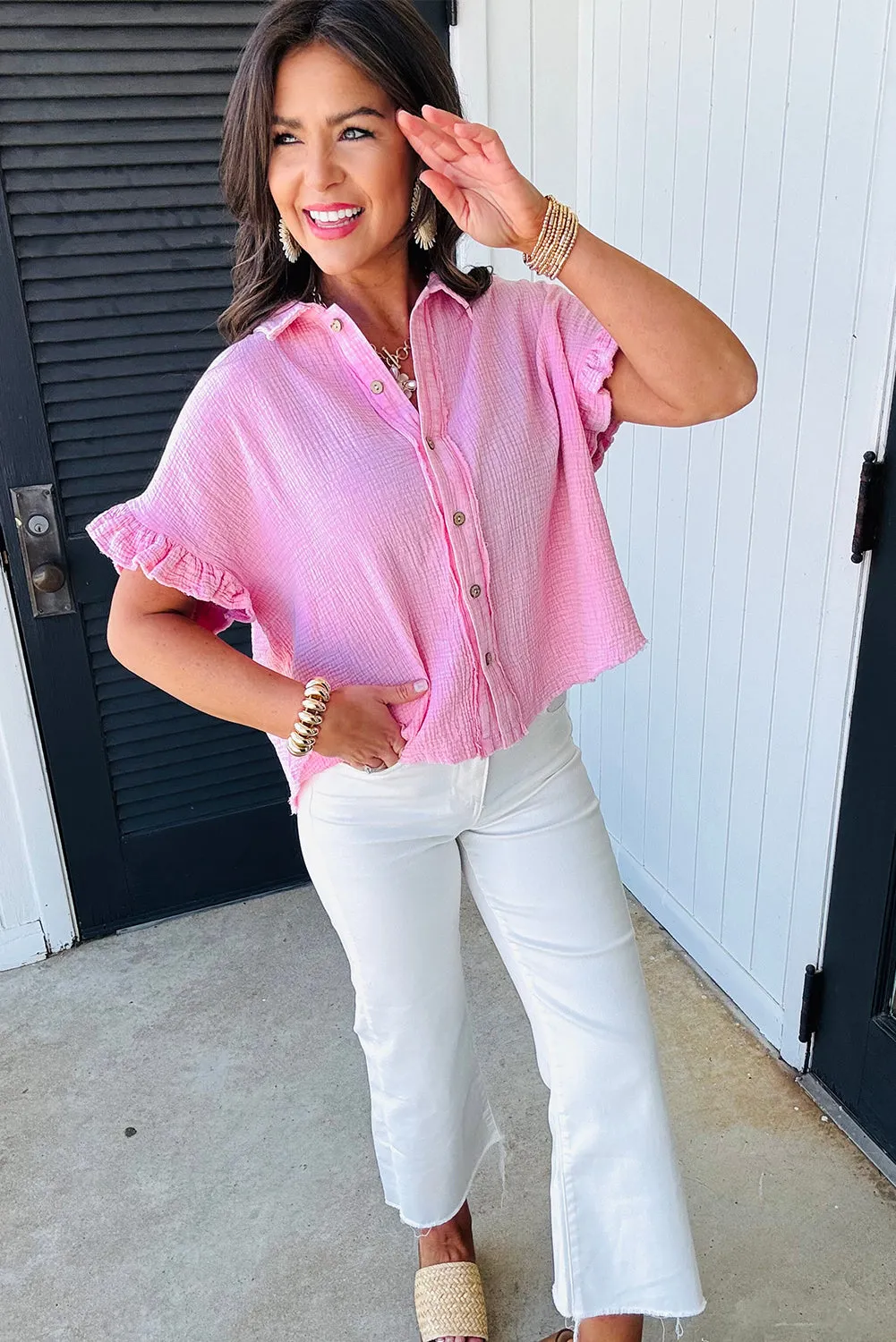 Bonbon Mineral Wash Cotton Textured Ruffle Trim Short Sleeve Shirt