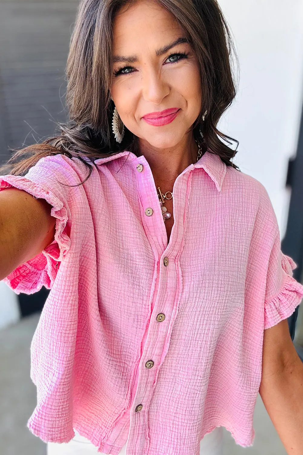 Bonbon Mineral Wash Cotton Textured Ruffle Trim Short Sleeve Shirt