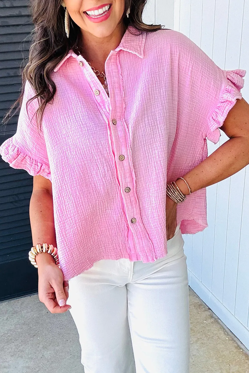 Bonbon Mineral Wash Cotton Textured Ruffle Trim Short Sleeve Shirt