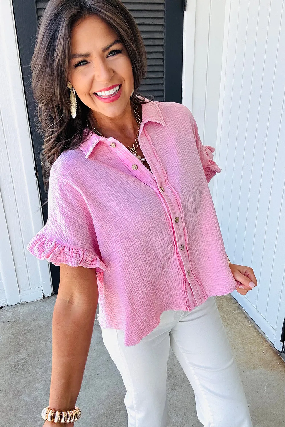 Bonbon Mineral Wash Cotton Textured Ruffle Trim Short Sleeve Shirt