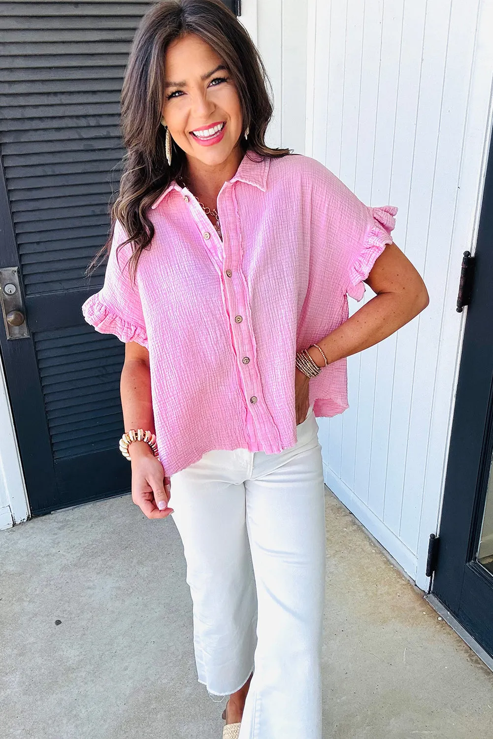 Bonbon Mineral Wash Cotton Textured Ruffle Trim Short Sleeve Shirt