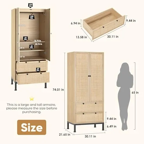 Brafab 74" Natural Rattan Woven Wardrobe Armoire Closet with Hanging Rod, Natural Wooden Armoires Storage Cabinet with Large Drawers and Adjustable Shelves, Tall Freestanding Wooden Closet for Bedroom