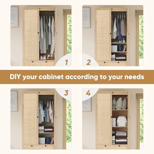 Brafab 74" Natural Rattan Woven Wardrobe Armoire Closet with Hanging Rod, Natural Wooden Armoires Storage Cabinet with Large Drawers and Adjustable Shelves, Tall Freestanding Wooden Closet for Bedroom