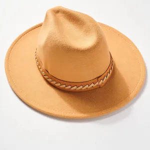 Braided Leather Strap Panama Hat-Camel