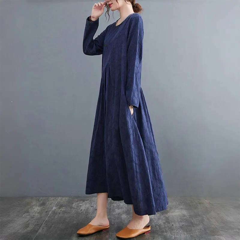 Buddha Stones Smiple Jacquard Pattern Long Sleeve Cotton Linen Women's Midi Dress With Pockets
