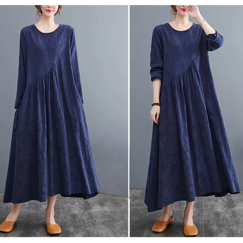 Buddha Stones Smiple Jacquard Pattern Long Sleeve Cotton Linen Women's Midi Dress With Pockets