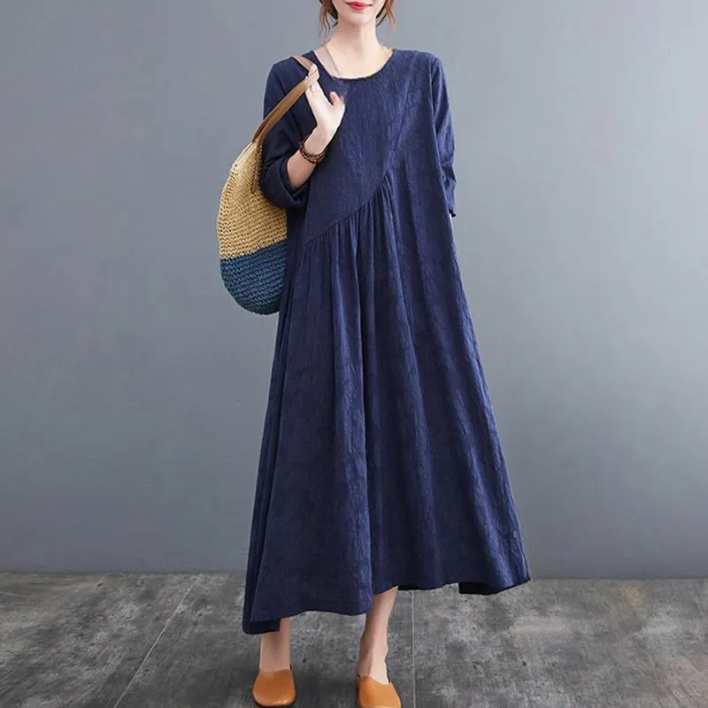 Buddha Stones Smiple Jacquard Pattern Long Sleeve Cotton Linen Women's Midi Dress With Pockets