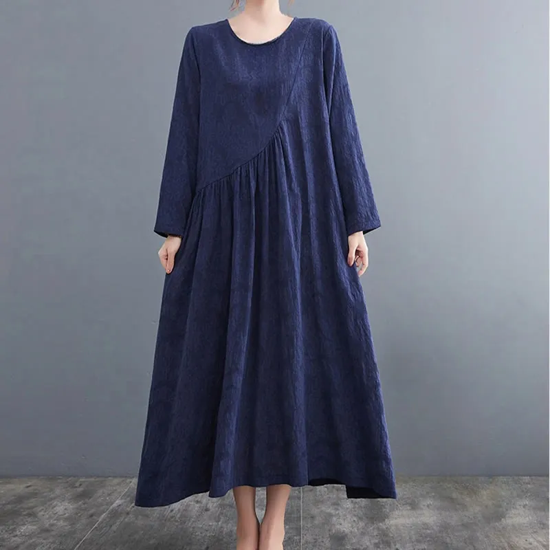 Buddha Stones Smiple Jacquard Pattern Long Sleeve Cotton Linen Women's Midi Dress With Pockets