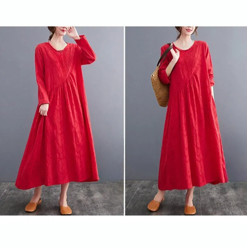 Buddha Stones Smiple Jacquard Pattern Long Sleeve Cotton Linen Women's Midi Dress With Pockets