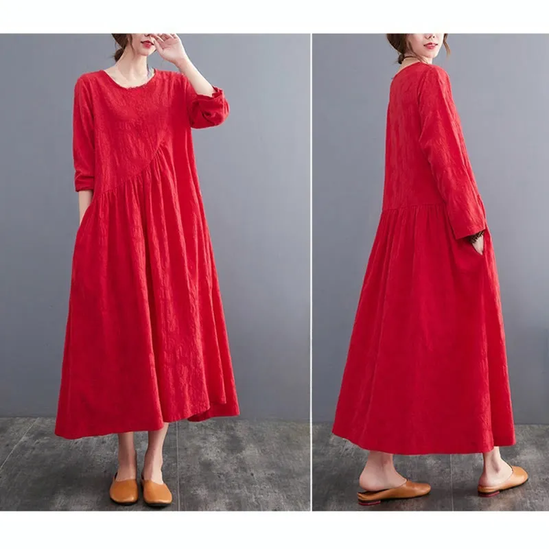 Buddha Stones Smiple Jacquard Pattern Long Sleeve Cotton Linen Women's Midi Dress With Pockets
