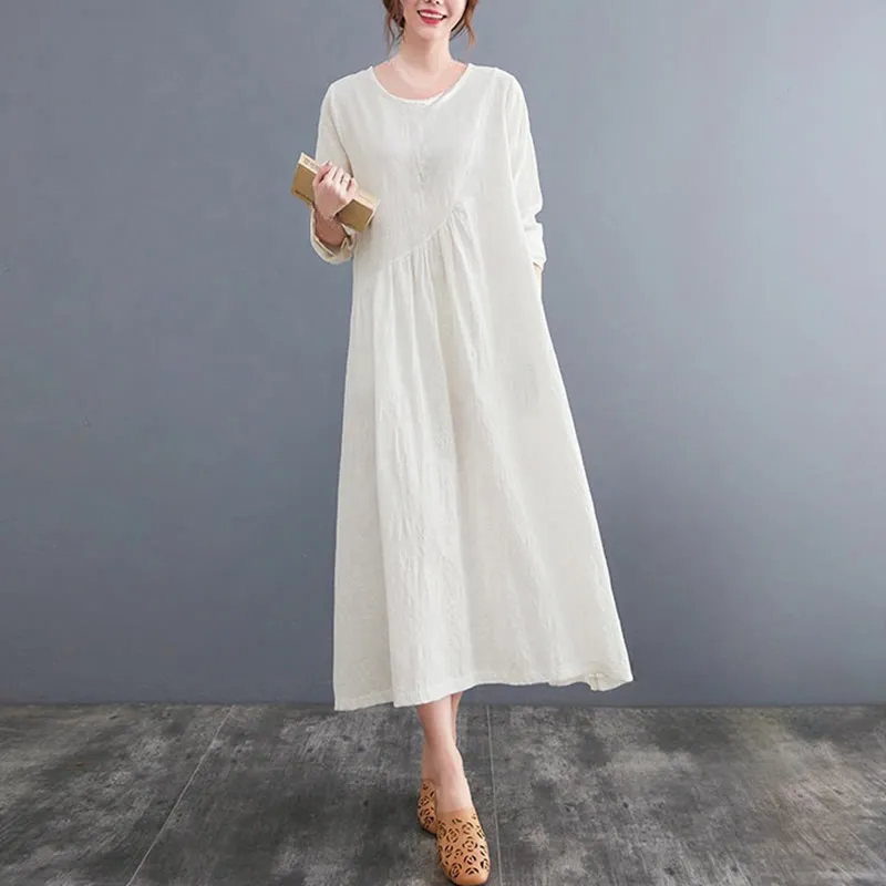 Buddha Stones Smiple Jacquard Pattern Long Sleeve Cotton Linen Women's Midi Dress With Pockets