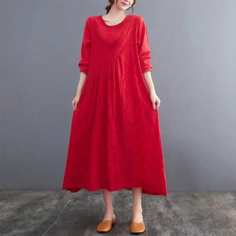 Buddha Stones Smiple Jacquard Pattern Long Sleeve Cotton Linen Women's Midi Dress With Pockets