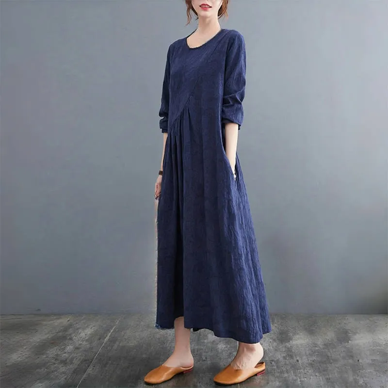 Buddha Stones Smiple Jacquard Pattern Long Sleeve Cotton Linen Women's Midi Dress With Pockets