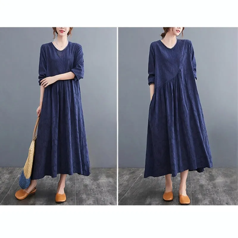 Buddha Stones Smiple Jacquard Pattern Long Sleeve Cotton Linen Women's Midi Dress With Pockets