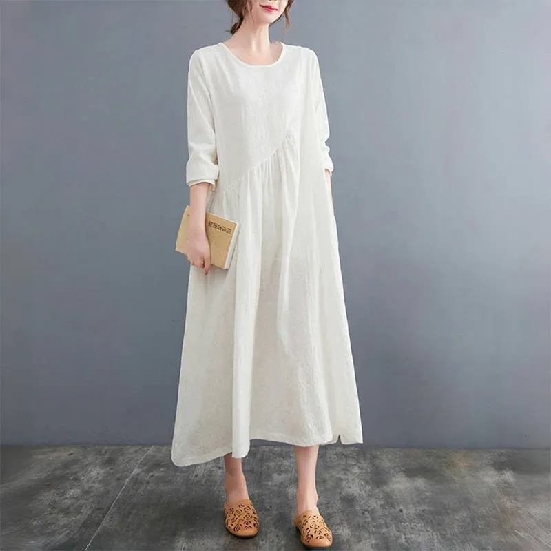 Buddha Stones Smiple Jacquard Pattern Long Sleeve Cotton Linen Women's Midi Dress With Pockets