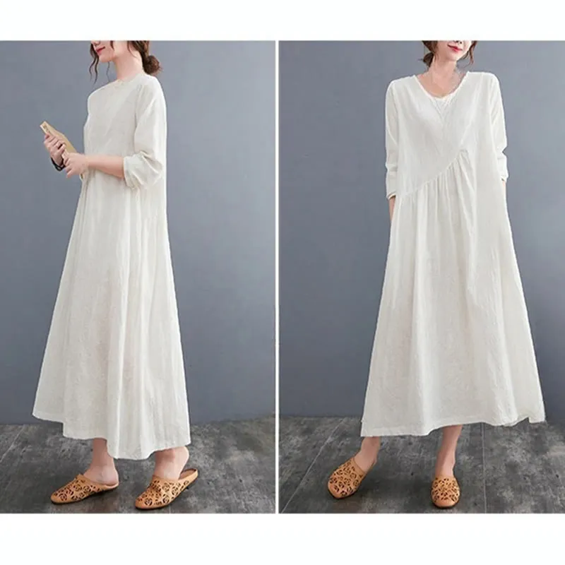 Buddha Stones Smiple Jacquard Pattern Long Sleeve Cotton Linen Women's Midi Dress With Pockets